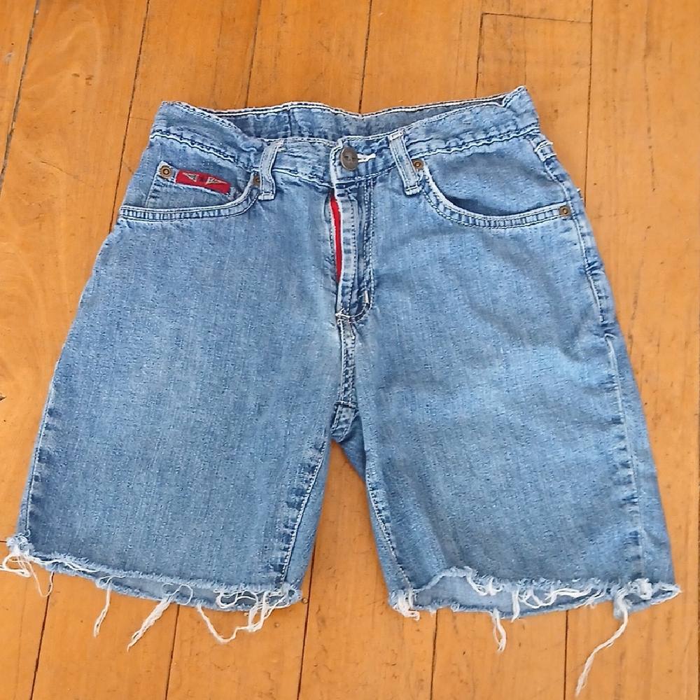 Hard Tail Blue Jeans Cut Off Shorts with Red Patch